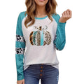 Sky blue Halloween T-shirt with 3D digital printed pumpkin design, long sleeves and polyester fabric