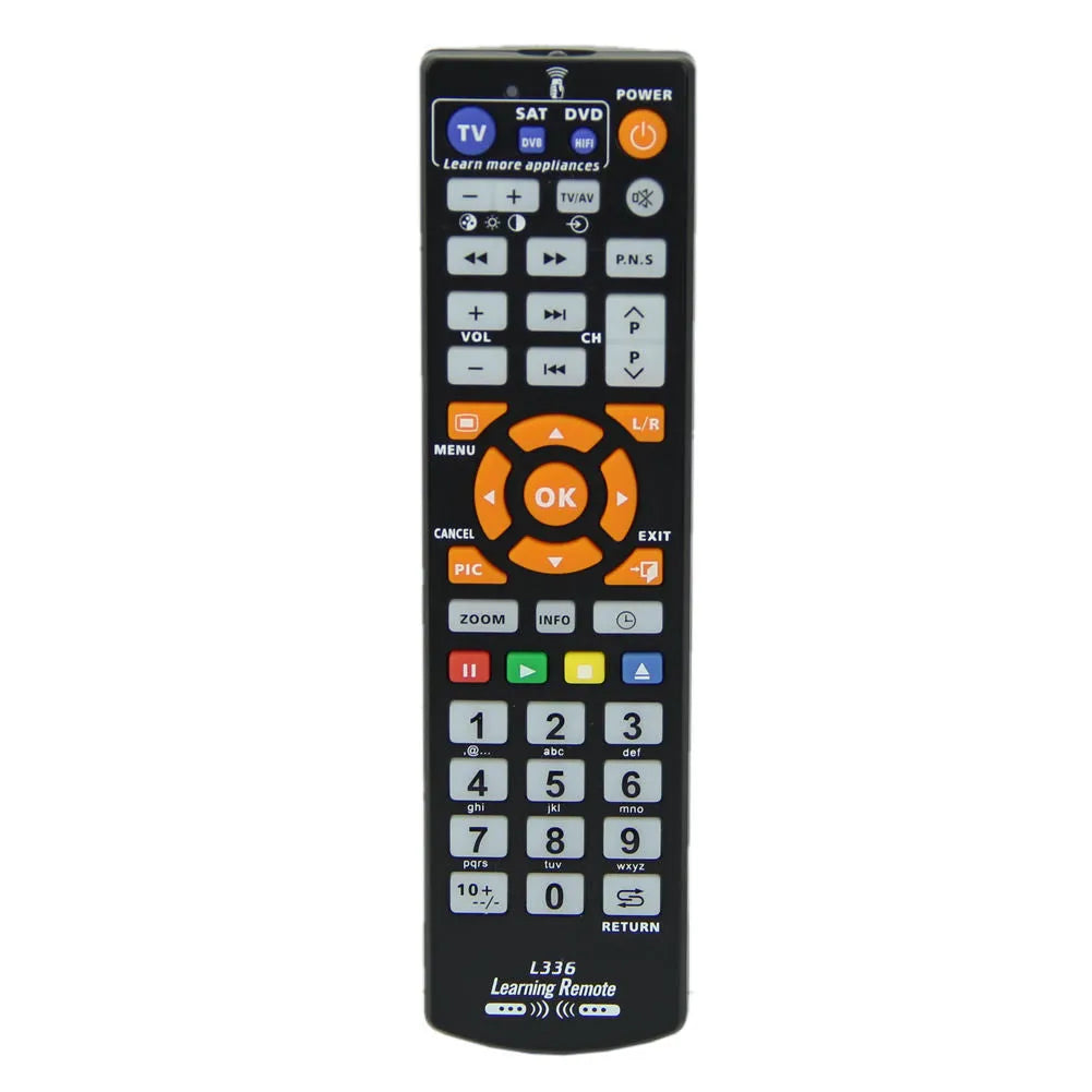 Black L336 learning remote control with infrared sensor and standard button layout