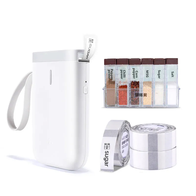Compact D11 Bluetooth thermal label printer in black, white, pink, or green with smartphone showing label design app.