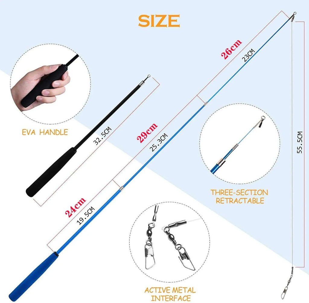 Cat teasing pole set with two extendable rods and ten feather replacement heads