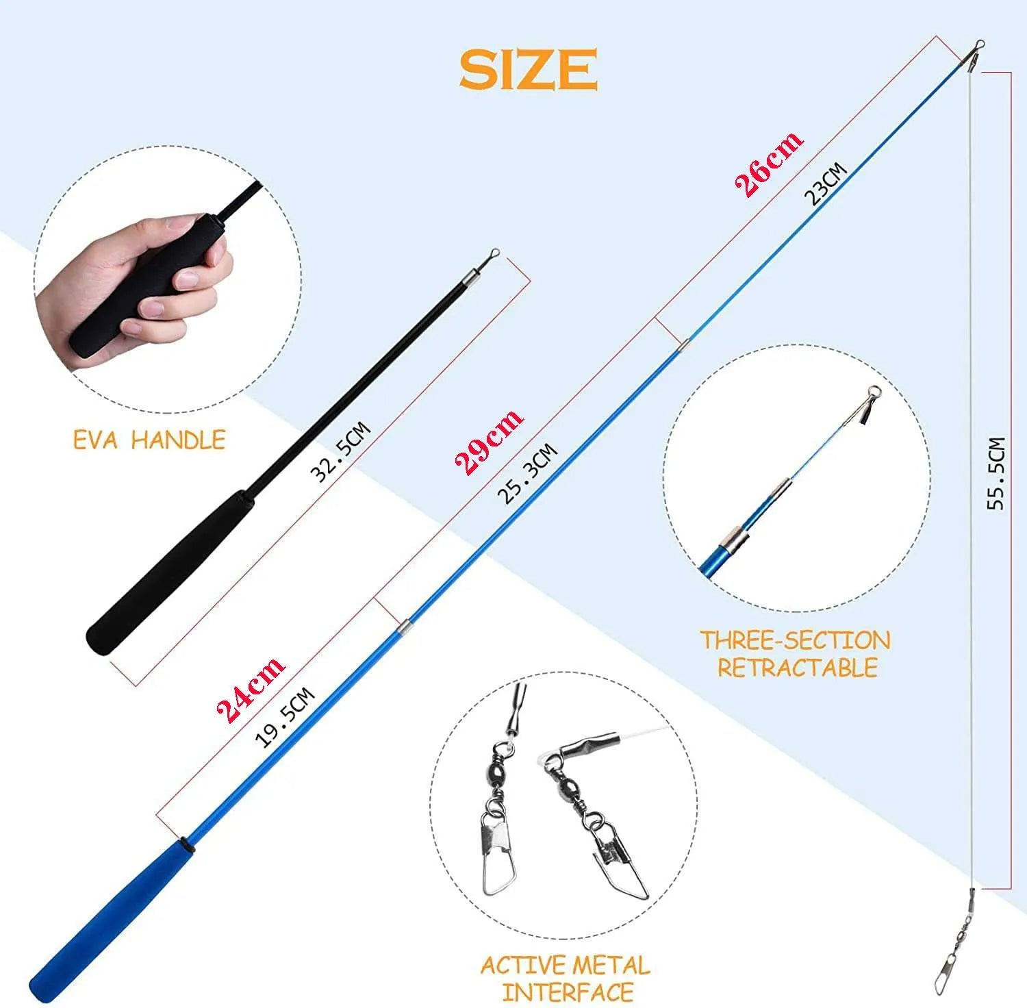 Cat teasing pole set with two extendable rods and ten feather replacement heads