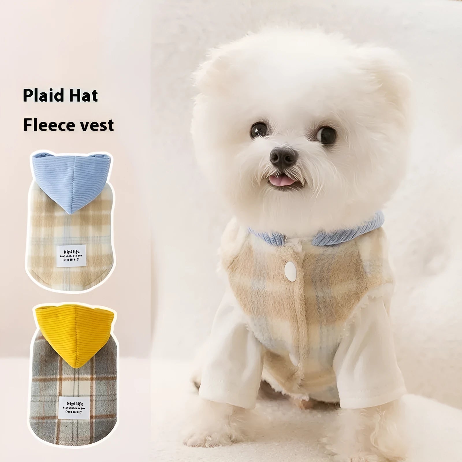 Blue corduroy dog hooded vest with chessboard grid pattern and adjustable drawstring
