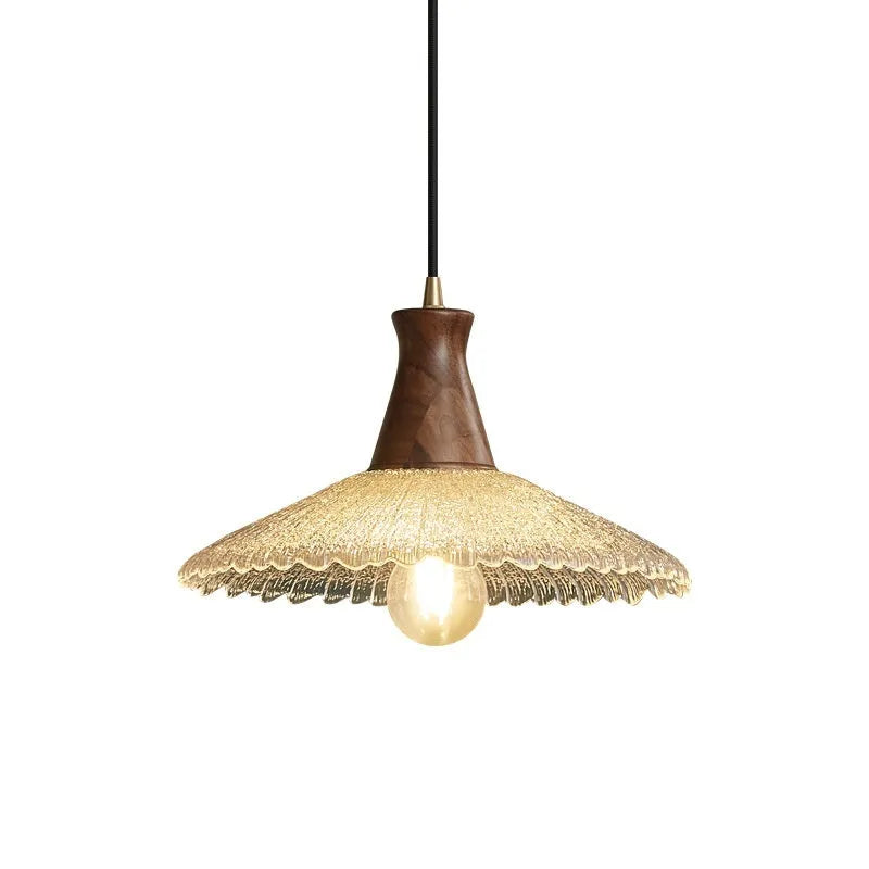 Wooden ceiling chandelier with glass shade and brass electroplating for restaurant lighting