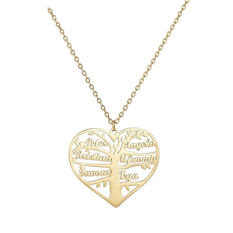 Personalised stainless steel necklace with hollow heart and family tree pendant customised with names.