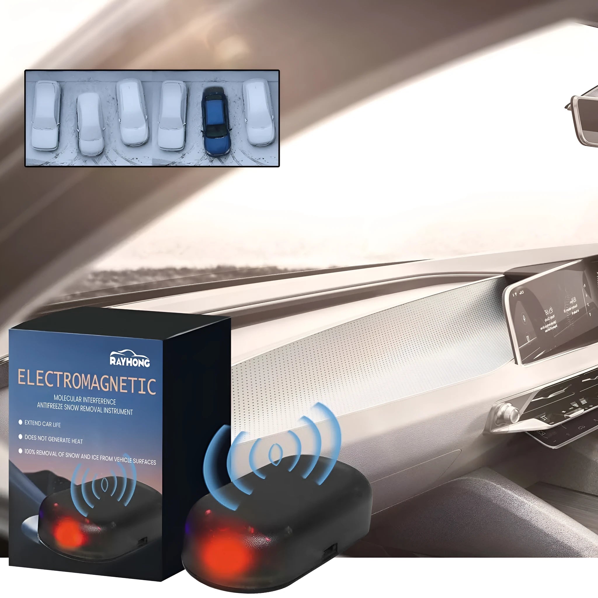 Black car snow removal tool with special glass construction measuring 5 by 2.6 by 1.5 centimetres