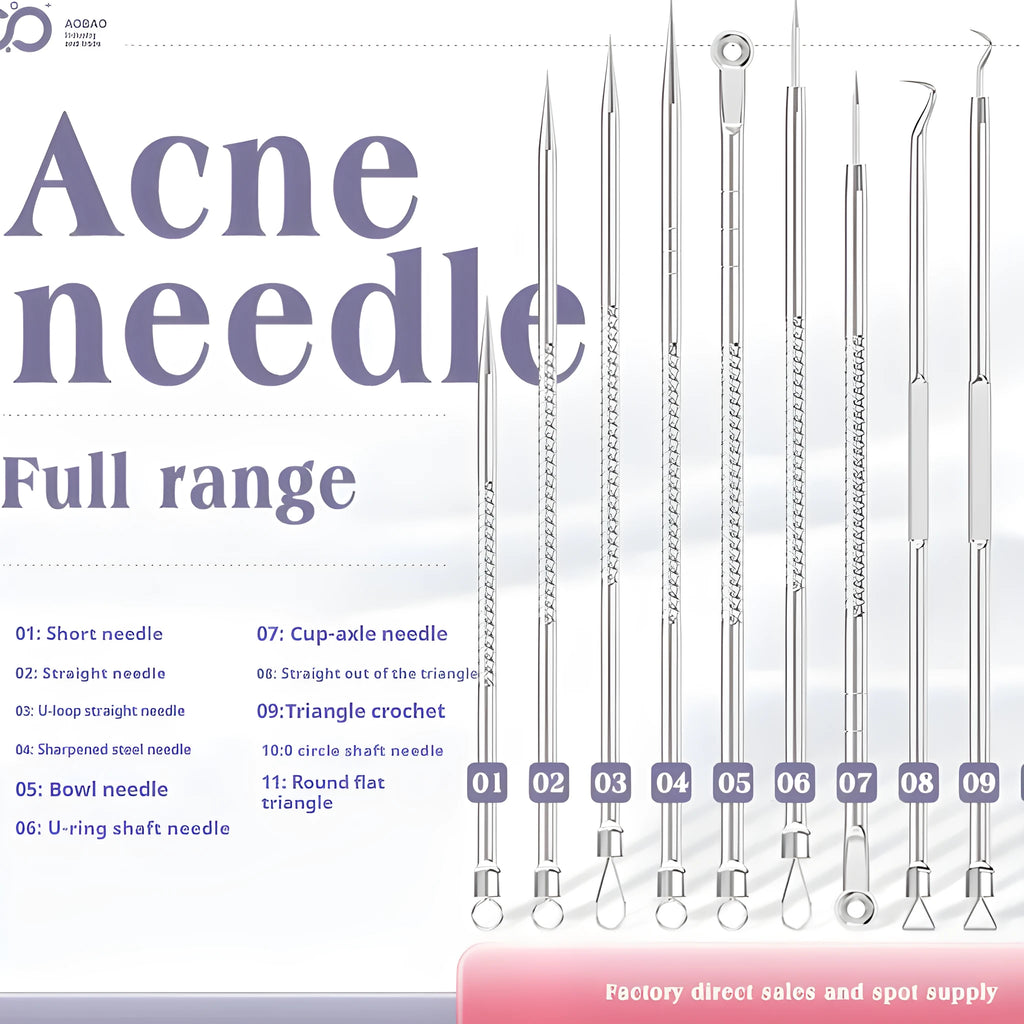 Four silver metal acne needles with ultra-fine pointed tips for skincare extraction.