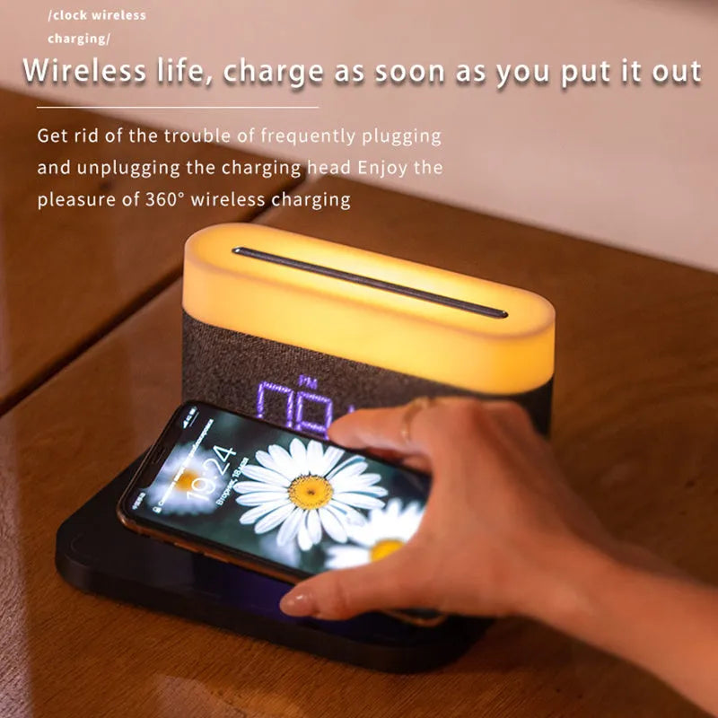 Modern minimalist wireless charging desktop clock with night light and table lamp functions