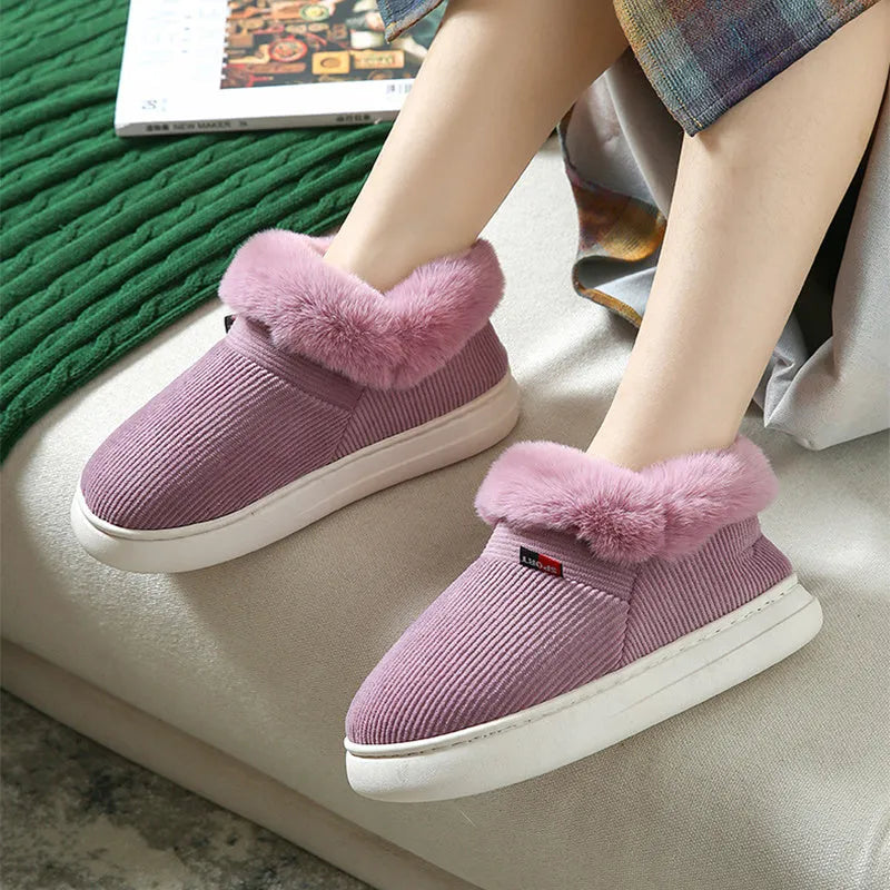 Winter plush corduroy house slippers for men and women with warm fleece lining in coffee colour