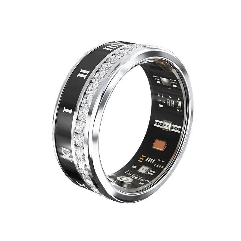 Diamond-inlaid smart ring with metal finish showing integrated sensor for blood oxygen monitoring
