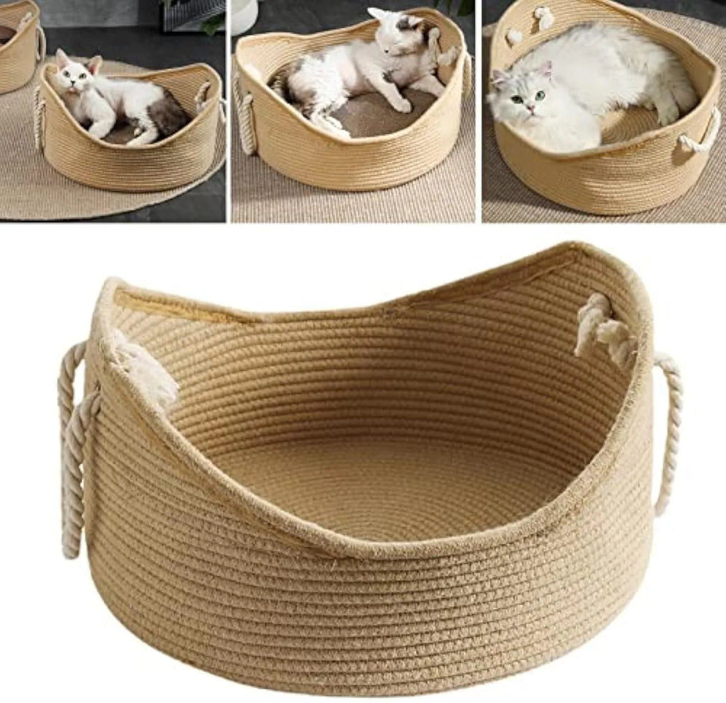 Wicker cat bed basket with corrugated scratching board in two size options for cats