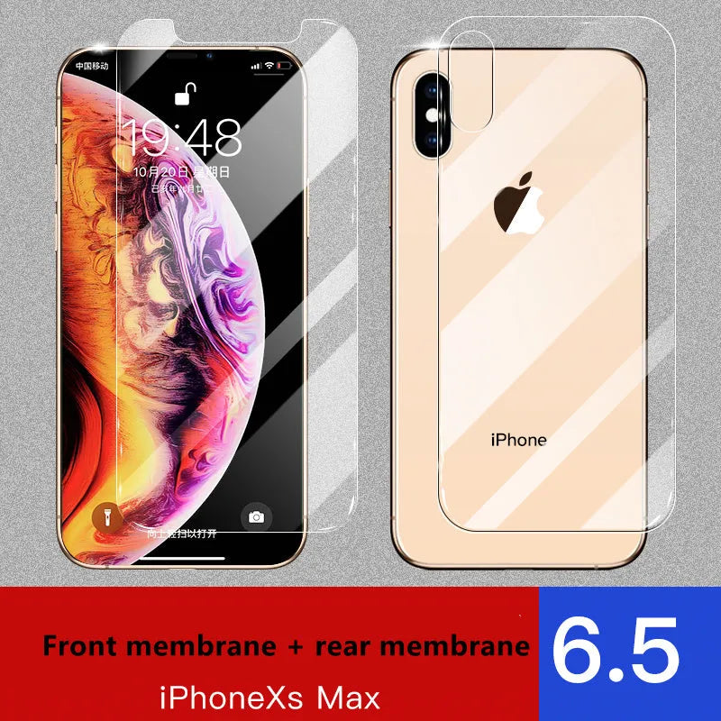 iPhone tempered glass screen protector film for 11 Pro Max, 11, X, XS and XR models with anti-fingerprint front and explosion-proof rear options