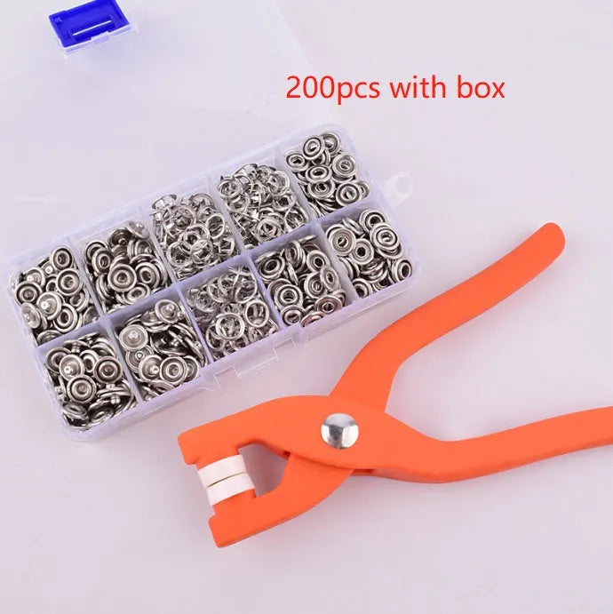 Stainless steel no-sew five claw button clasp and pliers for clothing, size 9.5mm.