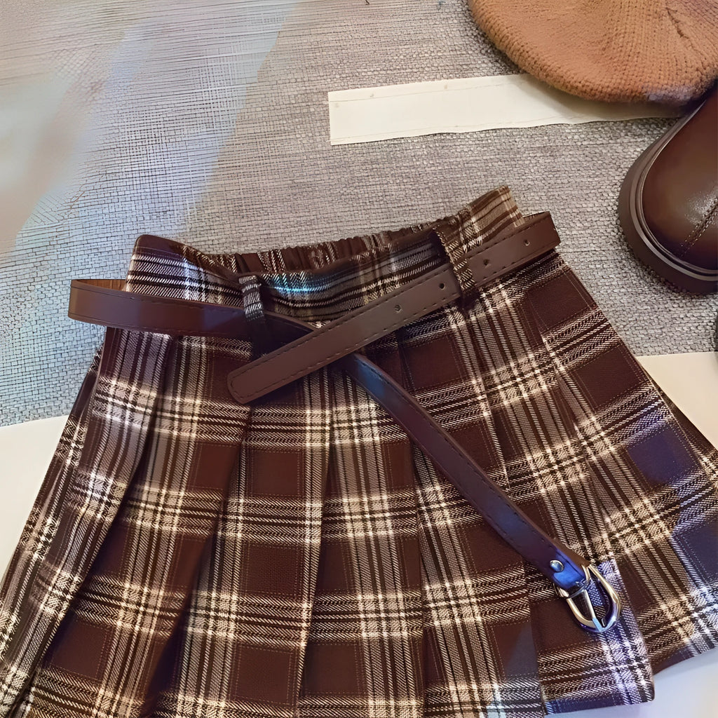 Children's plaid pattern pleated skirt in cotton blend fabric with A-line silhouette