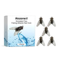 Five small, square, biomimetic insect soft bait fishing lures on a blue background.