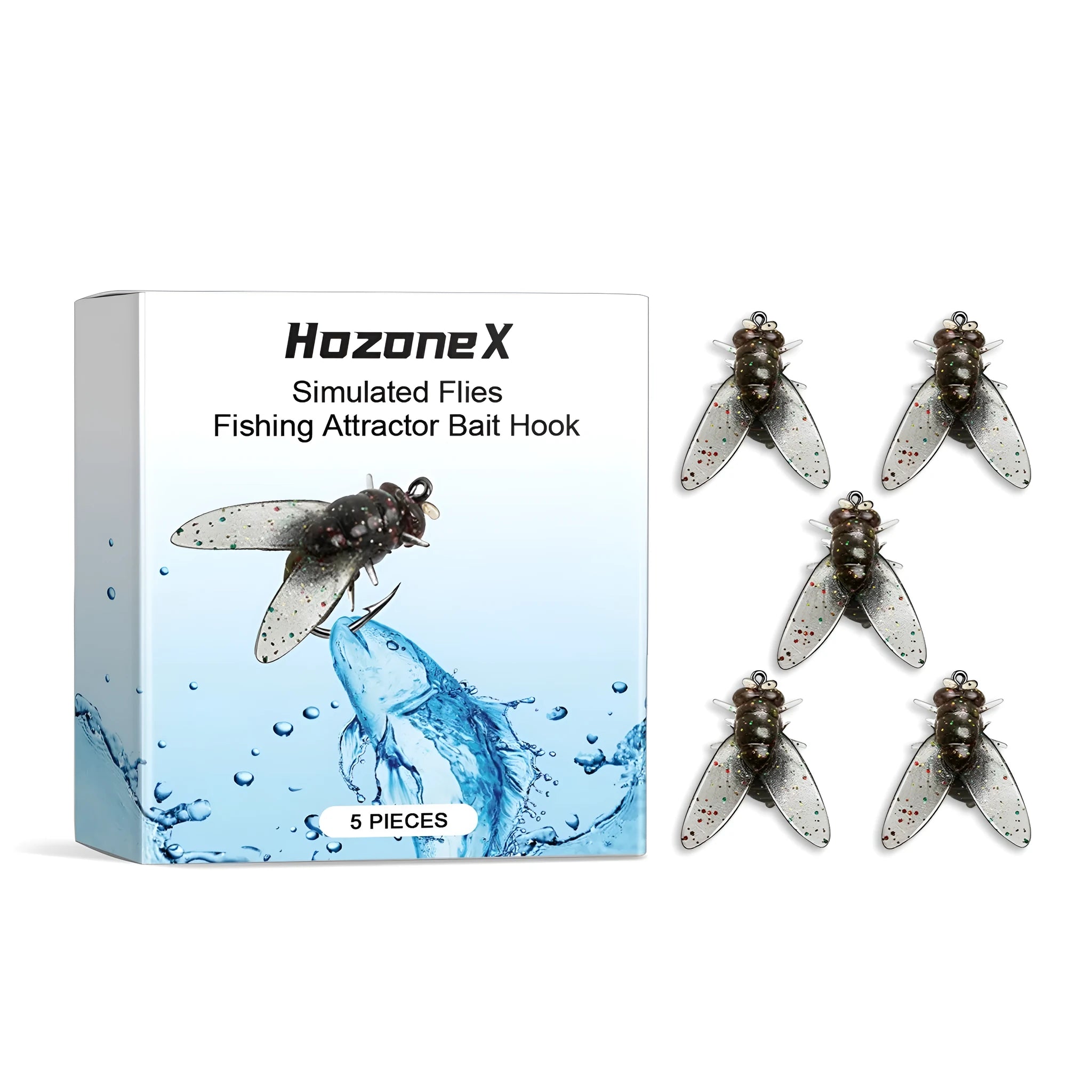 Five small, square, biomimetic insect soft bait fishing lures on a blue background.