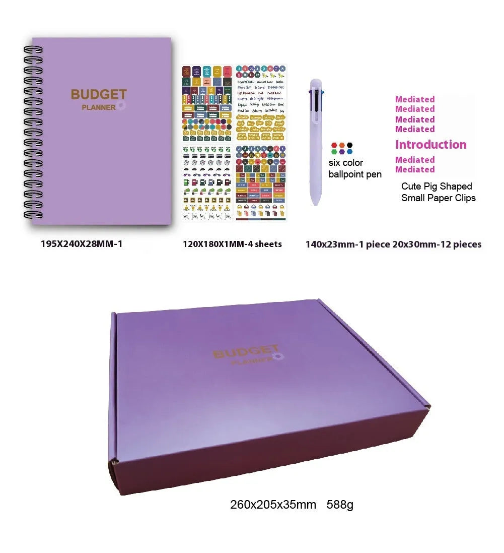 Purple coil-bound budget notebook with financial planning stickers and paper clips for monthly money management