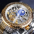Forsining yellow gold skeleton tourbillon mechanical watch with stainless steel band