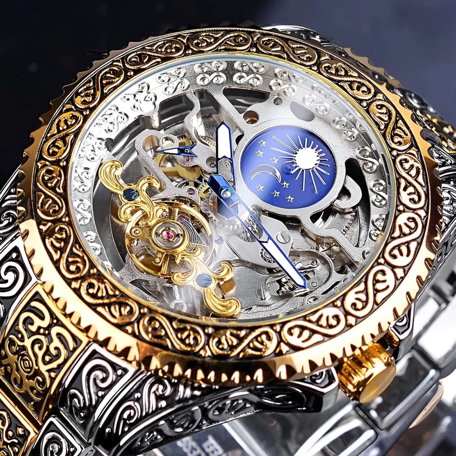 Forsining yellow gold skeleton tourbillon mechanical watch with stainless steel band