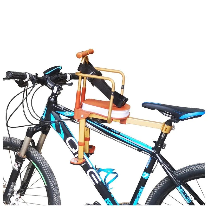 Aluminium alloy front-mounted folding child seat for shared bicycle in yellow with armrest