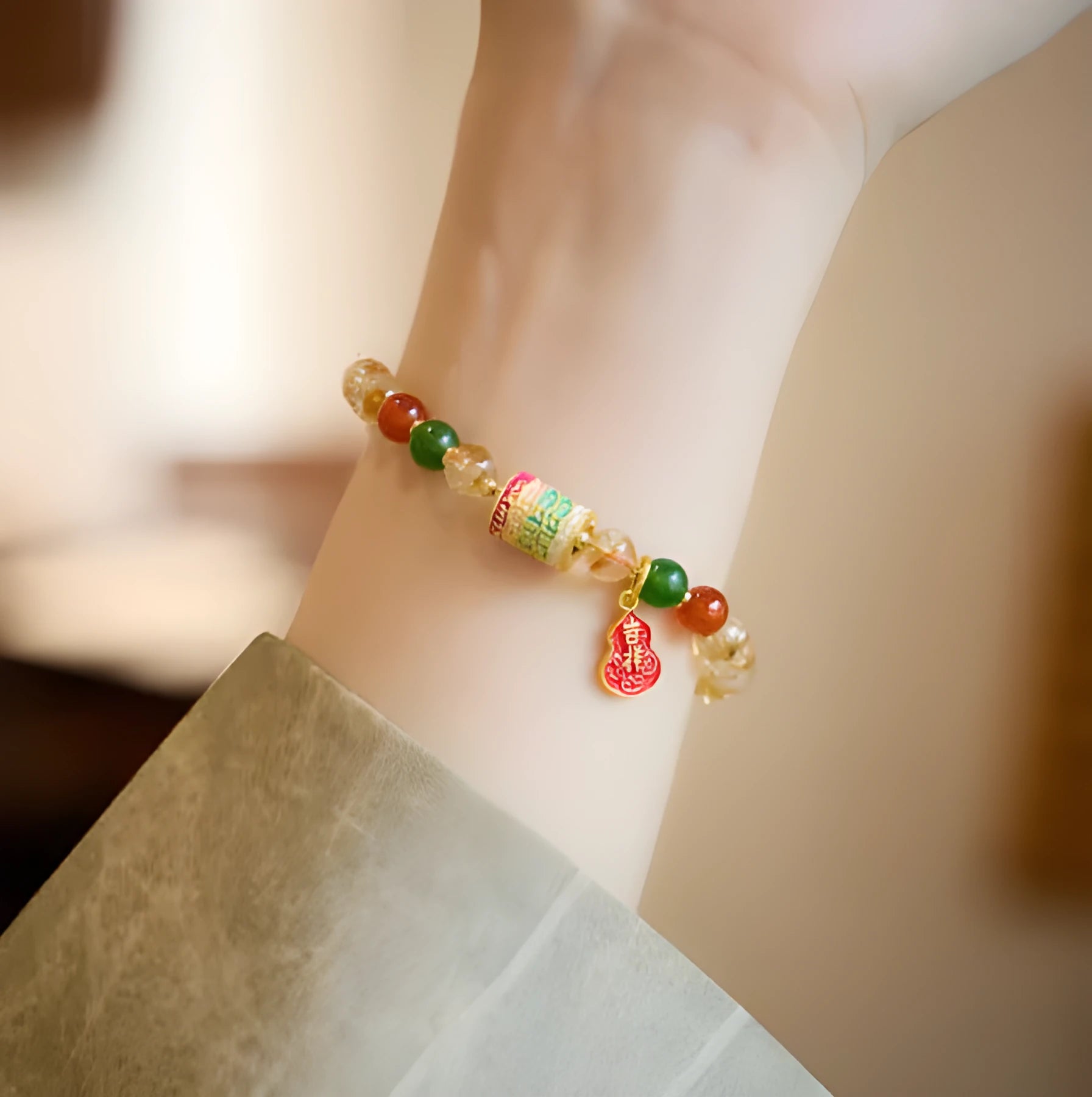 Hand-woven citrine five sutra bracelet with 6mm crystal beads showing geometric patterns