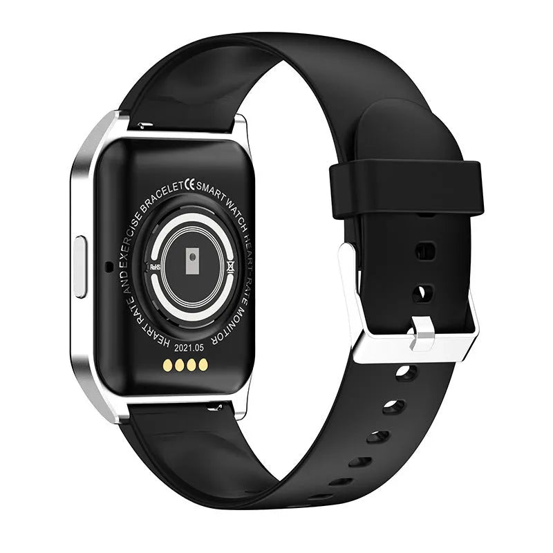 Black Bluetooth smartwatch with 1.69-inch display showing heart rate monitoring interface