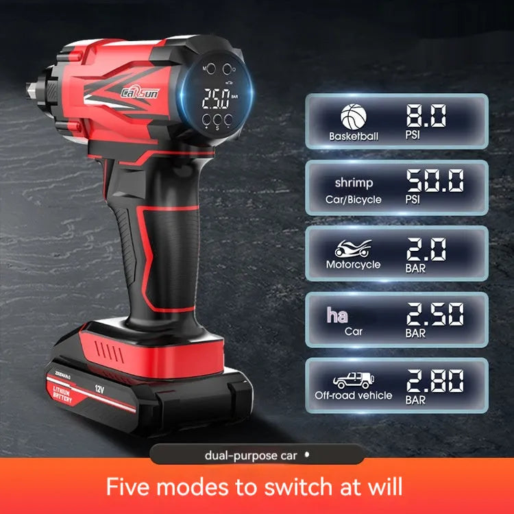 Red and black portable car tyre inflator with power cable and accessories