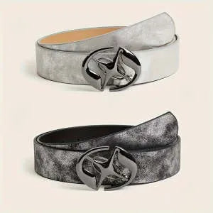 Women's thick retro belt with oval alloy buckle in PU leather, shown in vintage grey white colour