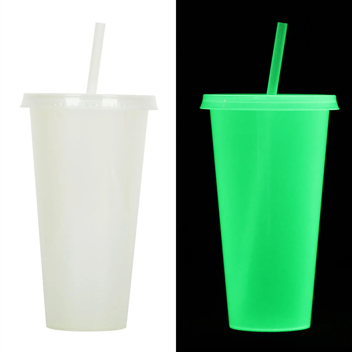 720ml luminous Halloween plastic sippy cup with straw showing cylindrical shape and colourful design