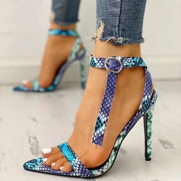 Blue women's high heels with buckle closure and hollow-out design in sizes 34-43