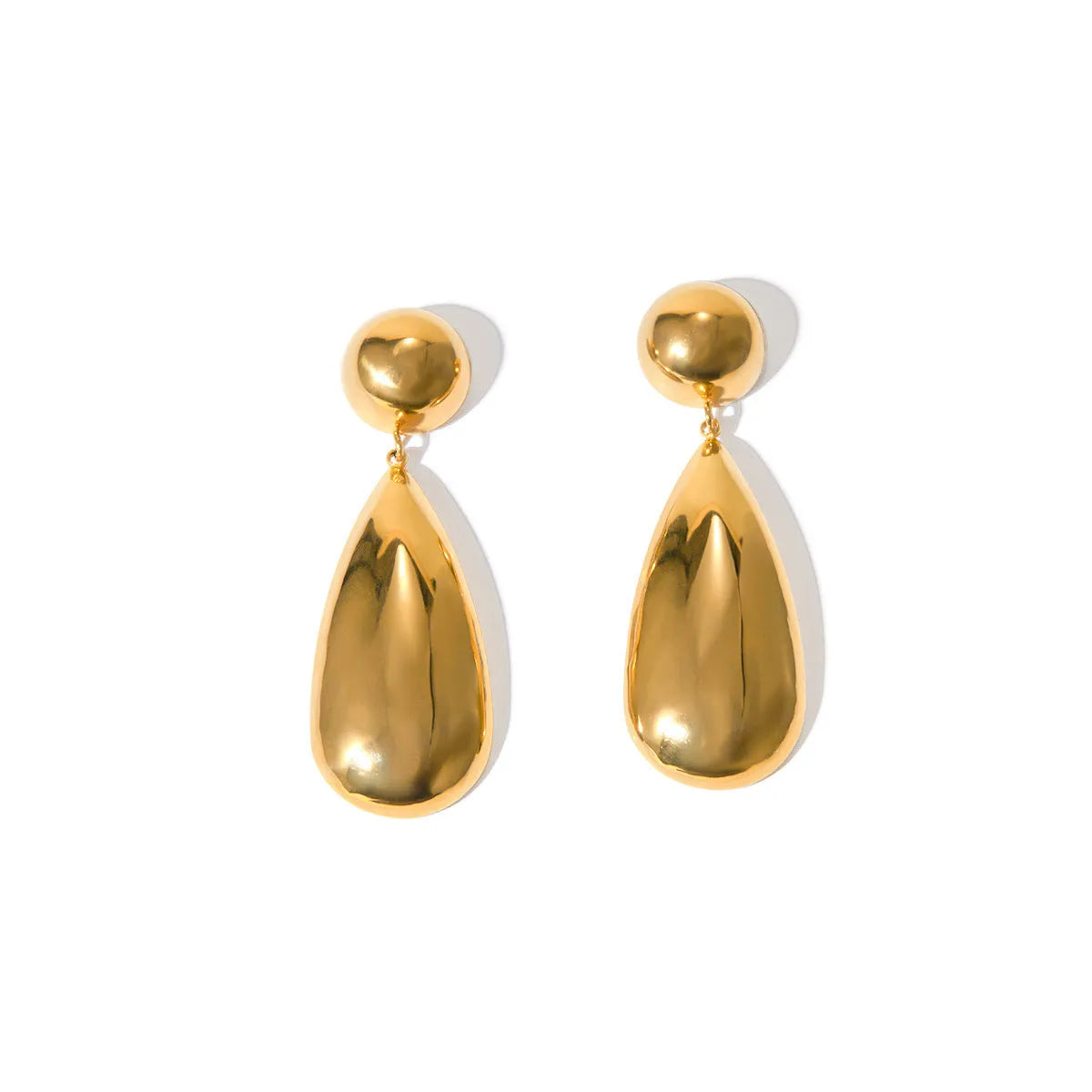 Gold-coloured stainless steel earrings with geometric water drop pendant and hemisphere design
