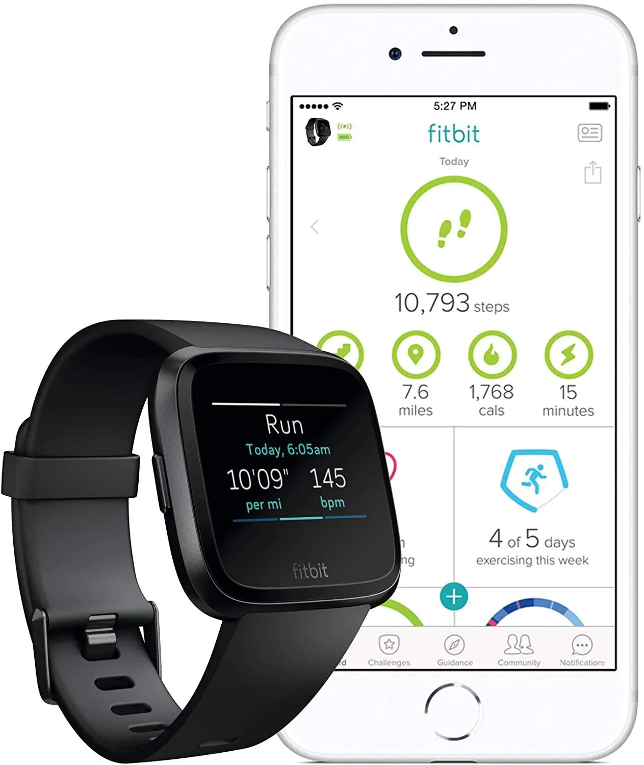 Black smart watch with silicone strap showing a heart rate reading on its 1.4 inch screen.