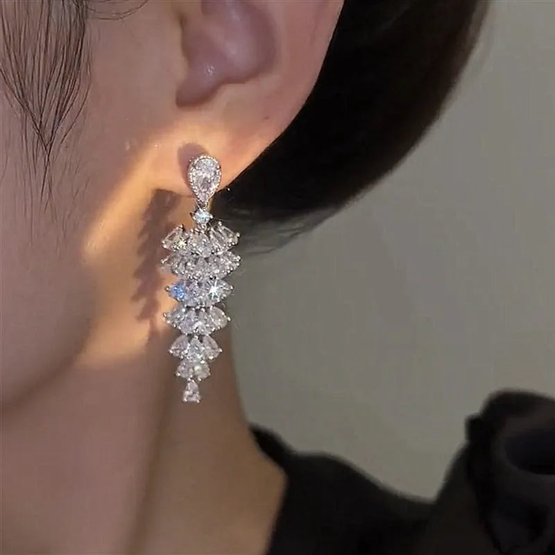Silver plated Christmas tree drop earrings with sparkling zircon stones on copper stud posts