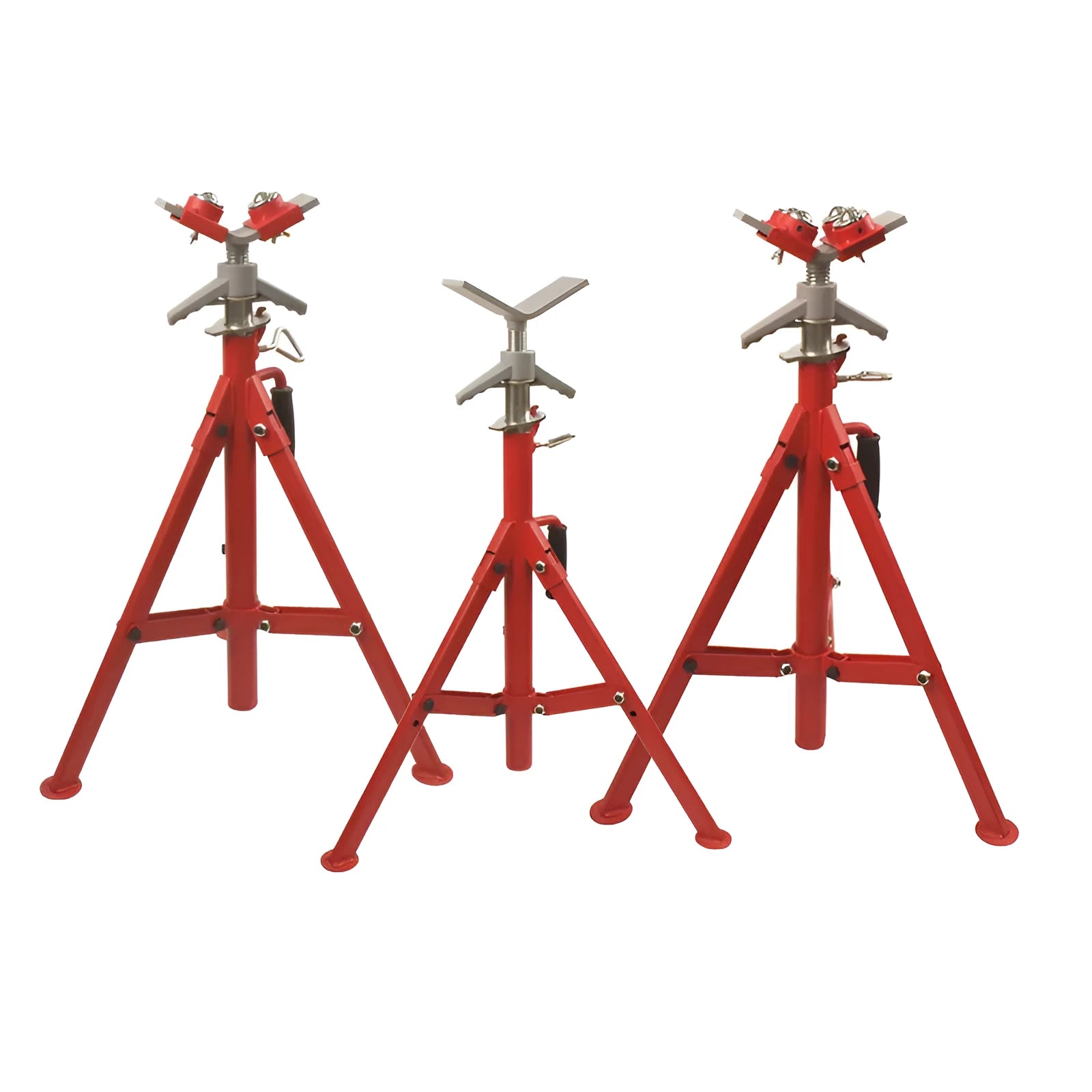 Metal V-head pipe bracket for steel pipe support, showing high and low versions with ball mounting options.