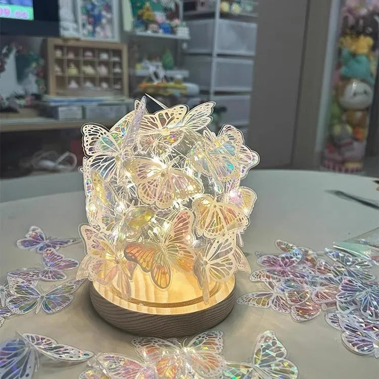 Handmade butterfly bedside lamp with glass shade and raw wood base in 12x15cm size