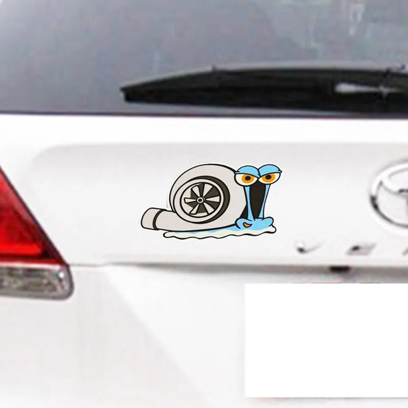 White reflective car sticker with a cartoon snail design, sized 12 by 8 centimetres