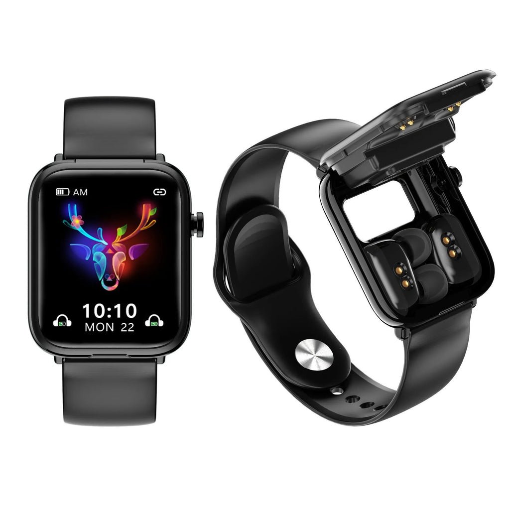 Black all-touch smartwatch with integrated Bluetooth headset charging case, showing 1.69-inch screen.