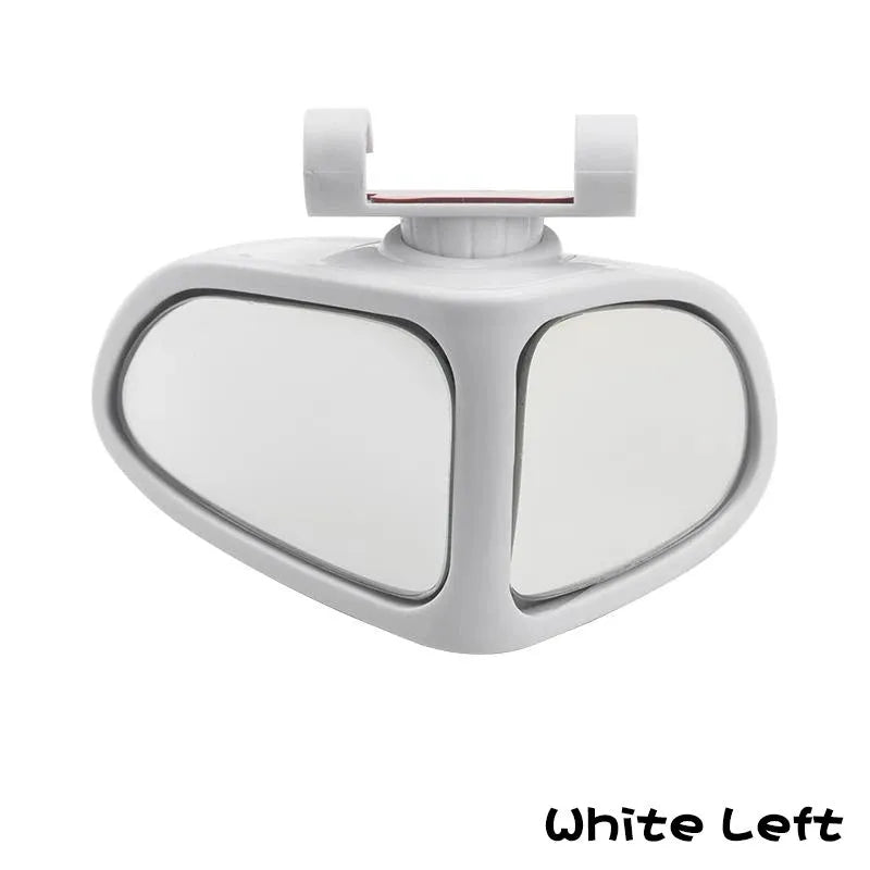Adjustable wide-angle car reversing mirror in black, shown with adhesive backing.