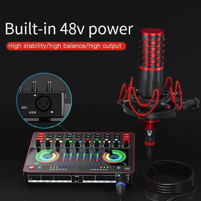 G4 professional singing sound card mixer with LCD screen, control knobs, and included microphone and cables.