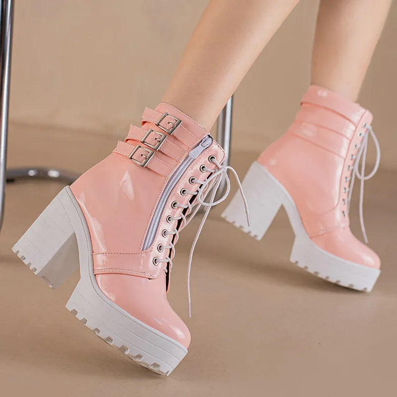 Women's black PU leather lace-up ankle boots with a thick 6-8cm heel and round toe on a white background