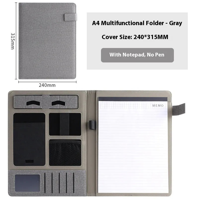 Black leather A4 business folder with 35mm gusset showing pen loop and notepad configuration