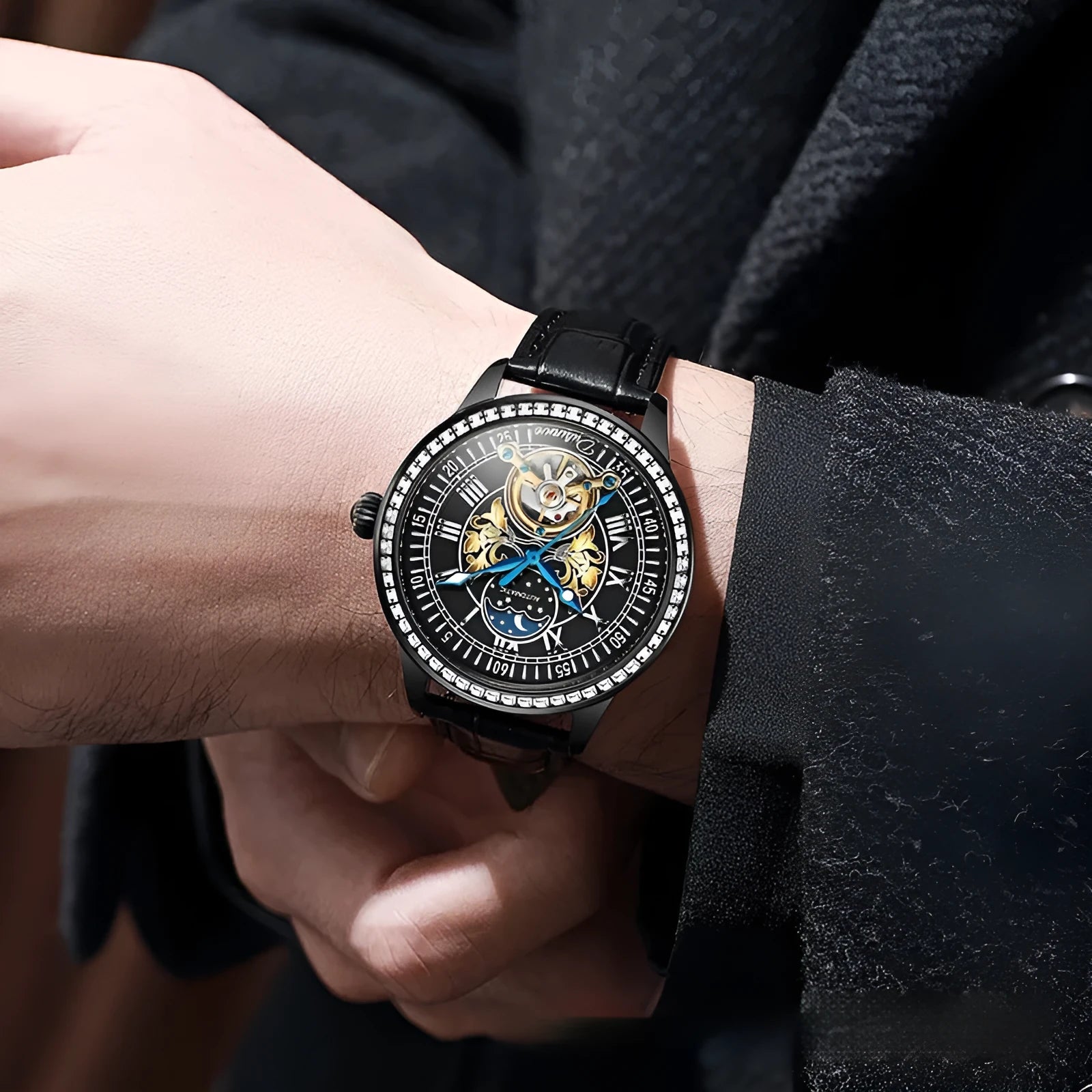 Men's stainless steel waterproof mechanical watch with a round dial and butterfly buckle.