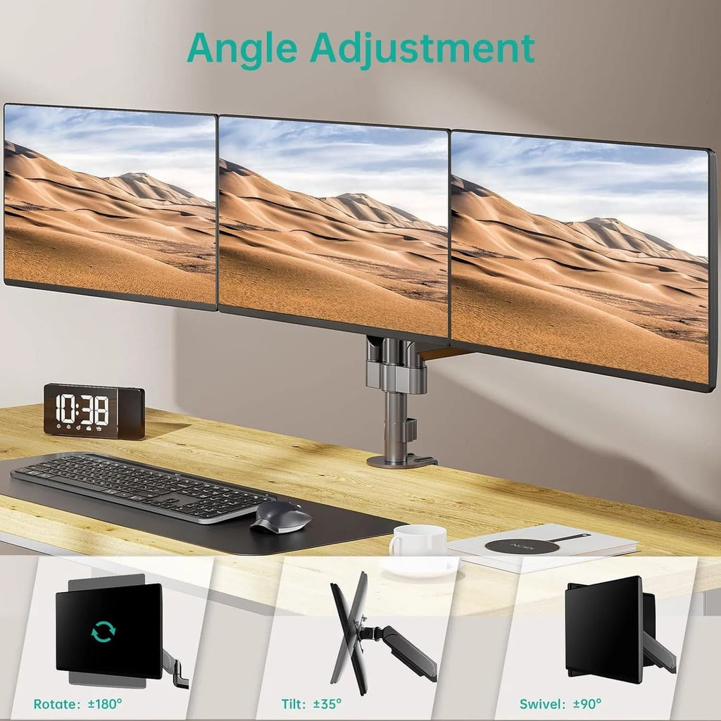 Black aluminium gas spring monitor arm holding 27-inch screen with three-arm construction