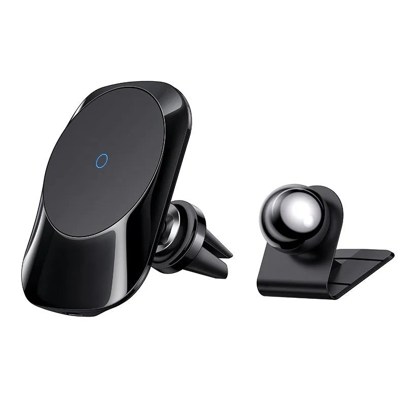 Black magnetic car wireless charger with air vent mount and centre console base for 15W phone charging