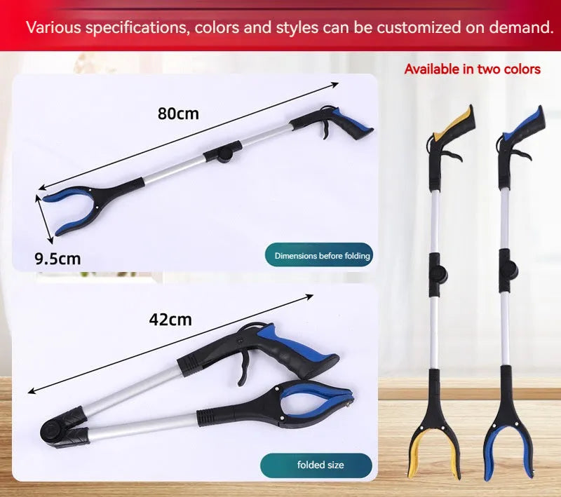 Foldable aluminium rubbish pick-up claw with blue handle, shown extended and with magnet sucker.