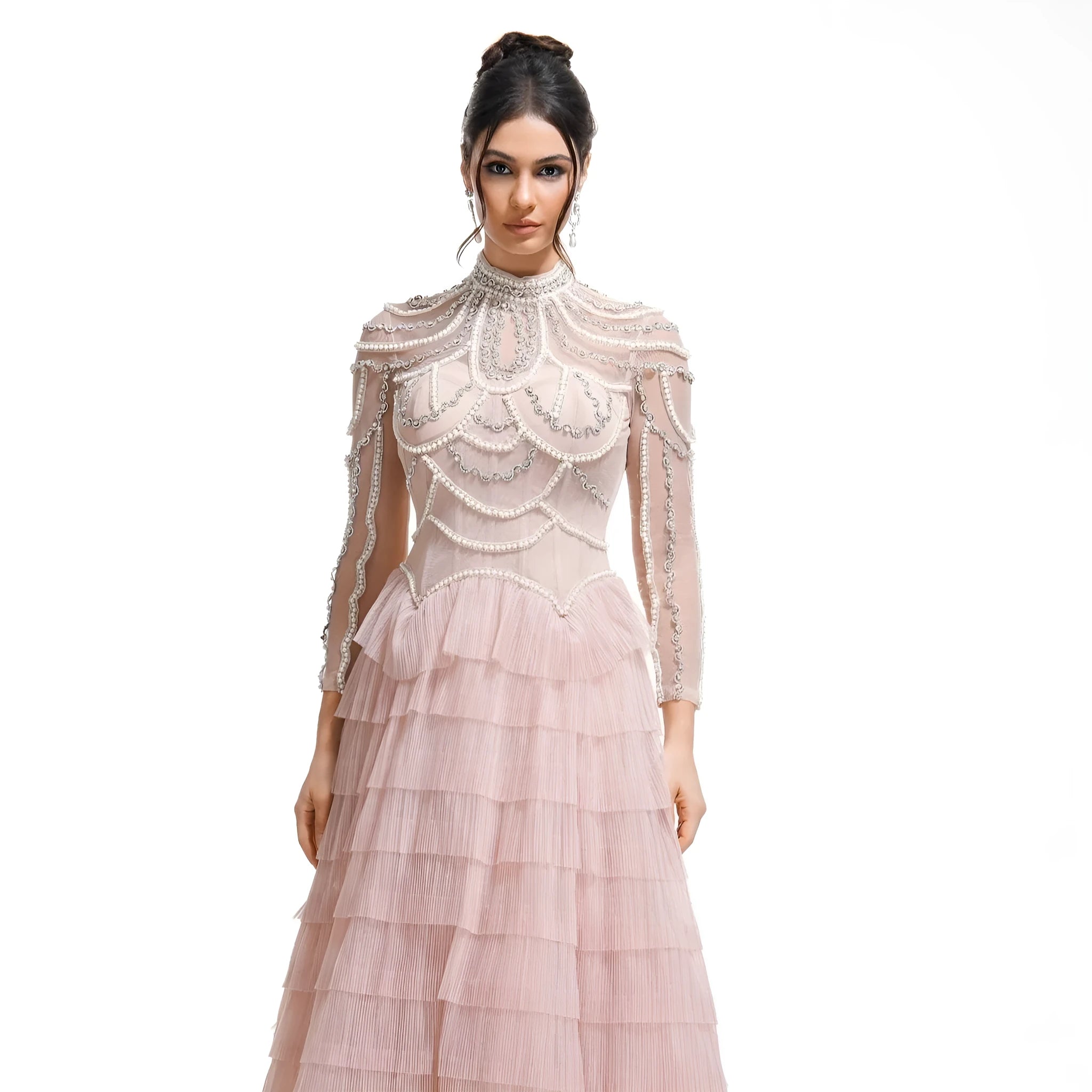 Black long sleeve women's dress with detailed beaded decoration on the bodice.