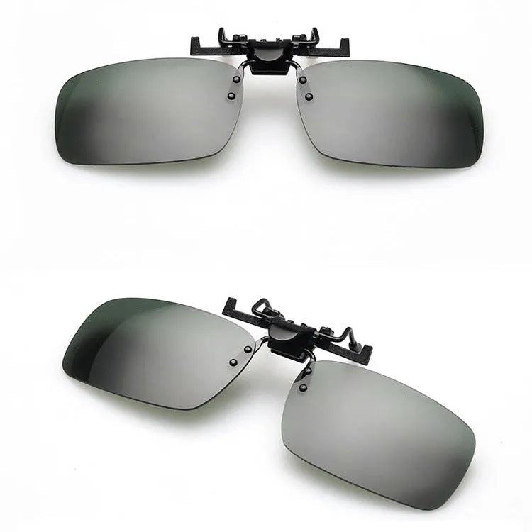 A clip-on sunglasses accessory with PC lenses shown in dark green, grey, and night vision tints, designed to fit over prescription glasses.