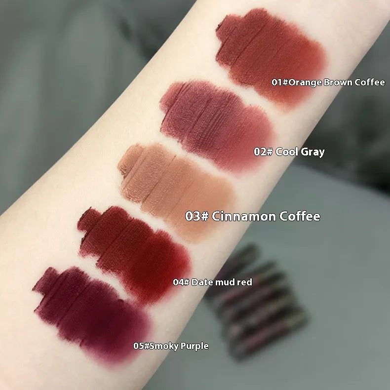 Lava Secret Matte Lip Mud Lipstick in five colours: orange brown coffee, cool grey, cinnamon coffee, jujube red, smoked purple.