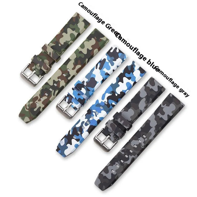 Green camouflage silicone watch strap with flat head design shown alongside blue and gray versions.
