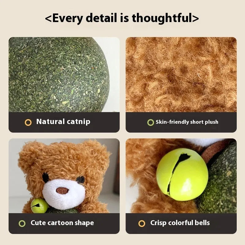 Plush cat toy shaped with catnip ball and bell inside, shown in one of four animal colour designs
