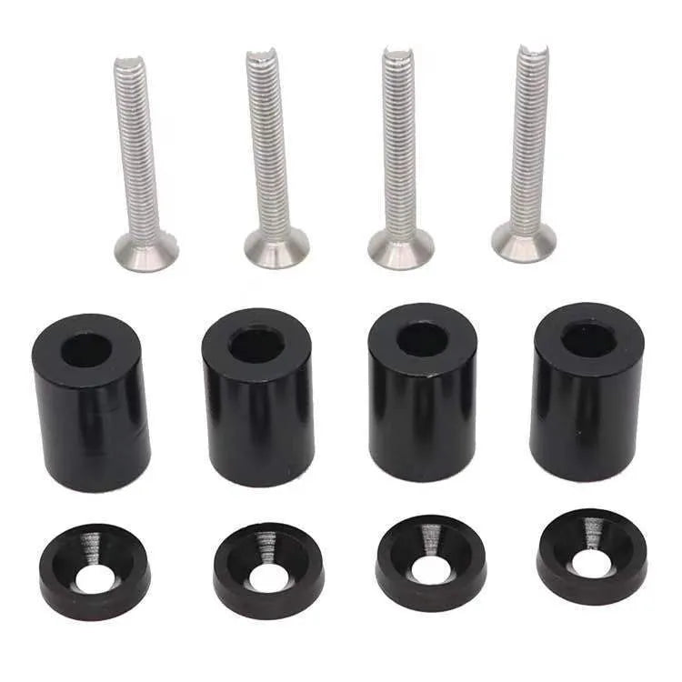 Aluminium machine cover height spacer kit in red, blue, and black with screws, nuts, and washers.